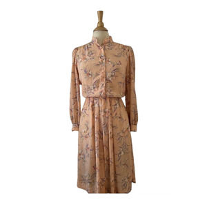 Vintage 70's Matti Of Lynne Peach Floral Dress - … - image 1